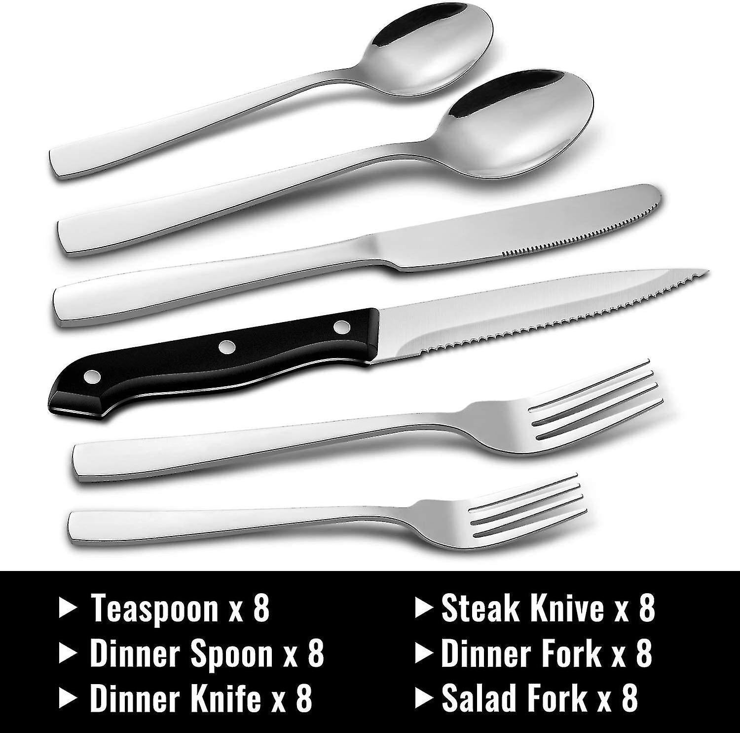 Stainless Steel Cutlery Set for 8 People with Steak Knives - 48 Pieces for Home, Kitchen, Restaurant - Image 2