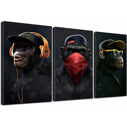 Wise Monkeys Wall Art on Canvas - Modern Home Decor - 30 x 50 cm, 3 Pieces