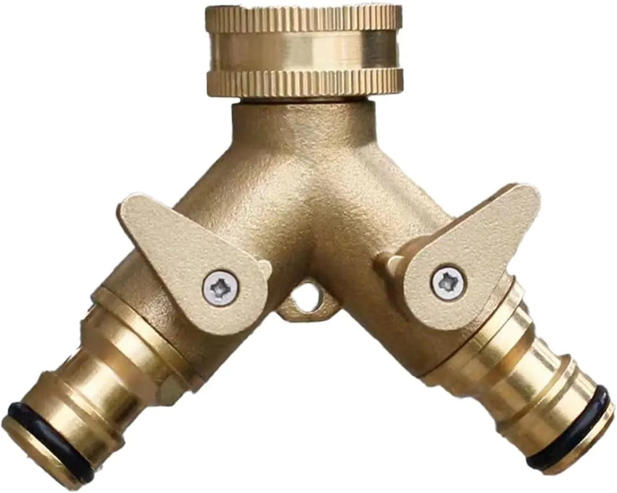 2-way brass tap connector, with single valves, yellow