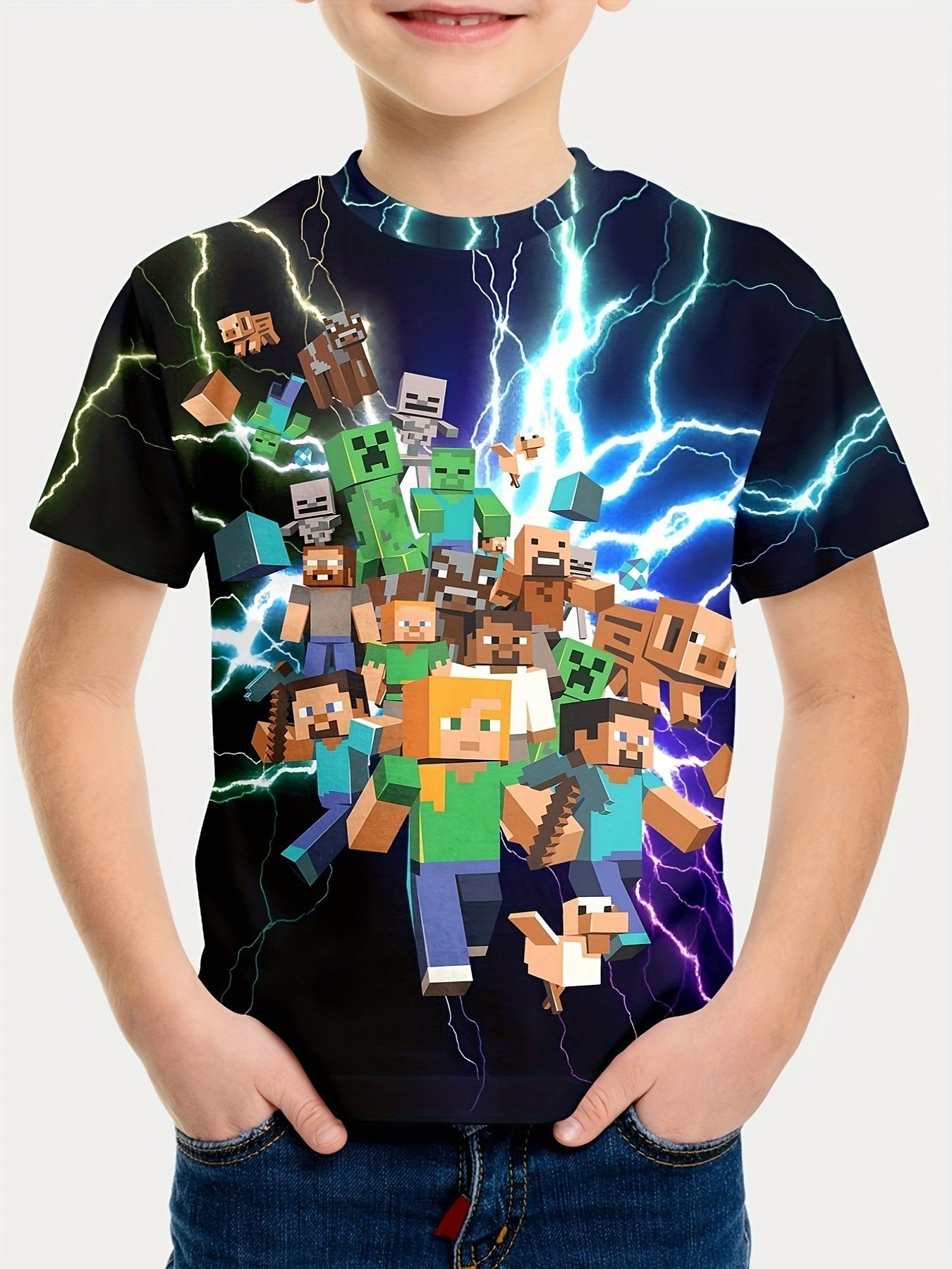 Minecraft T-shirt for boys and girls, cute pattern design, cartoon print, round neck, funny short sleeve top, casual spring summer children G 120cm