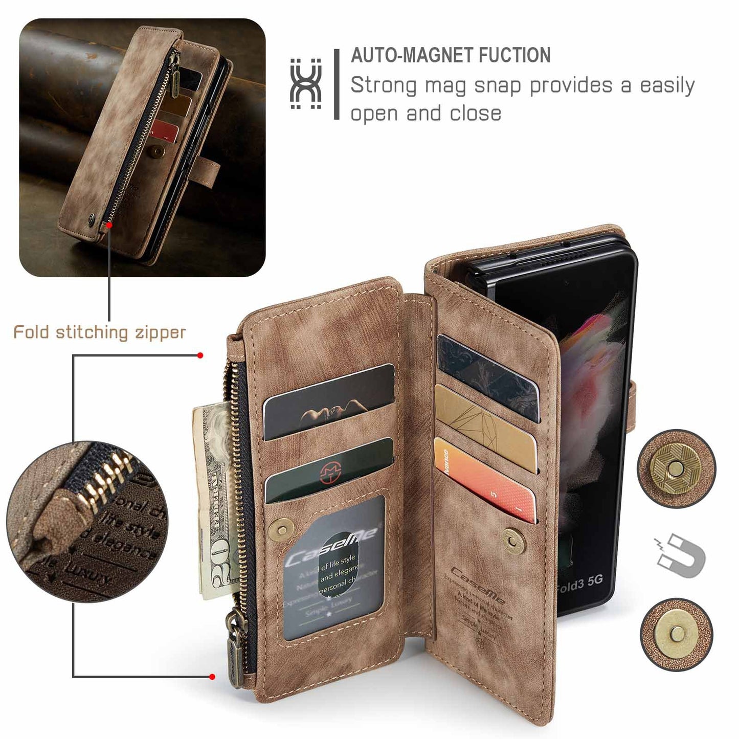 Samsung Galaxy Z Fold 3 Case - Retro Wallet with Card Slots, Magnetic Stand & Strap, Compatible with Samsung - Image 3