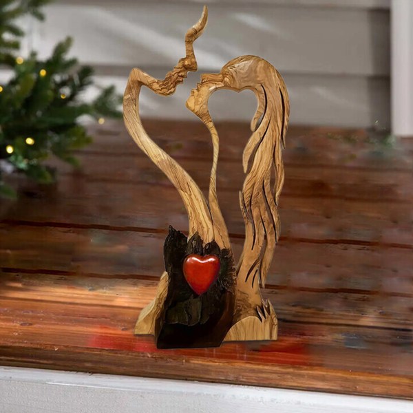 Romantic Abstract Statue Love Heart Kissing Couple Wooden Figures Sculpture - Image 2