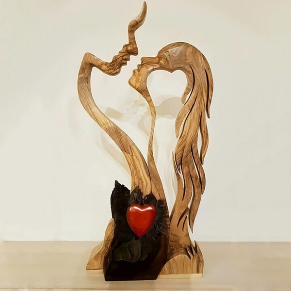 Romantic Abstract Statue Love Heart Kissing Couple Wooden Figures Sculpture - Image 3