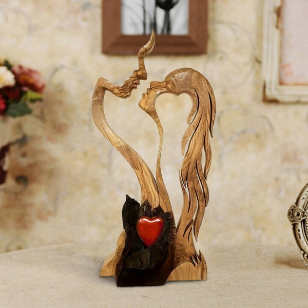Romantic Abstract Statue Love Heart Kissing Couple Wooden Figures Sculpture - Image 4