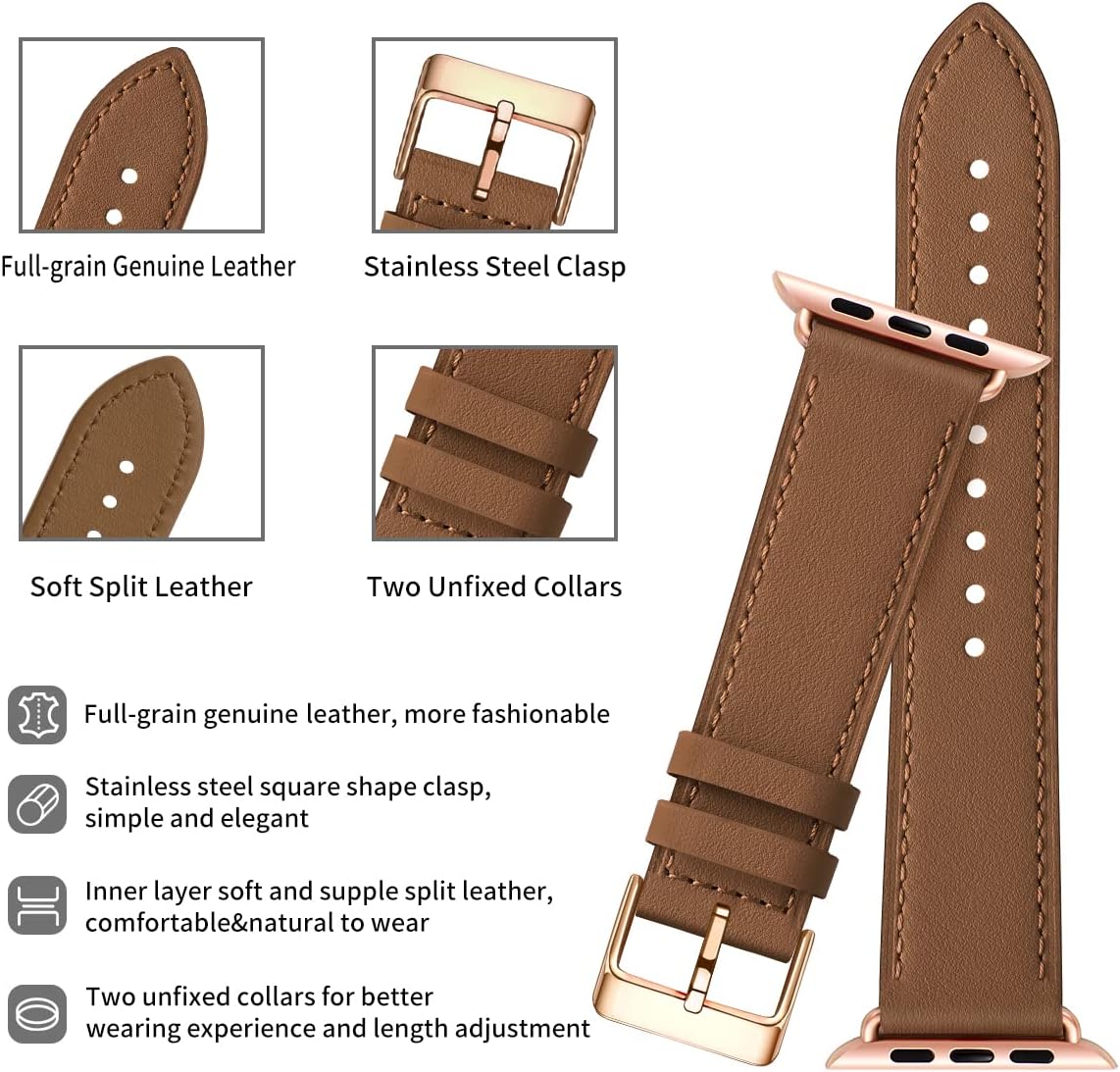 Apple Watch Leather Strap, Genuine Leather Replacement Band for Apple Watch Series 9 8 7 6 5 4 3 2 1 & iWatch SE, Ultra (38mm 40mm 41mm, Brown) Brown - Image 3