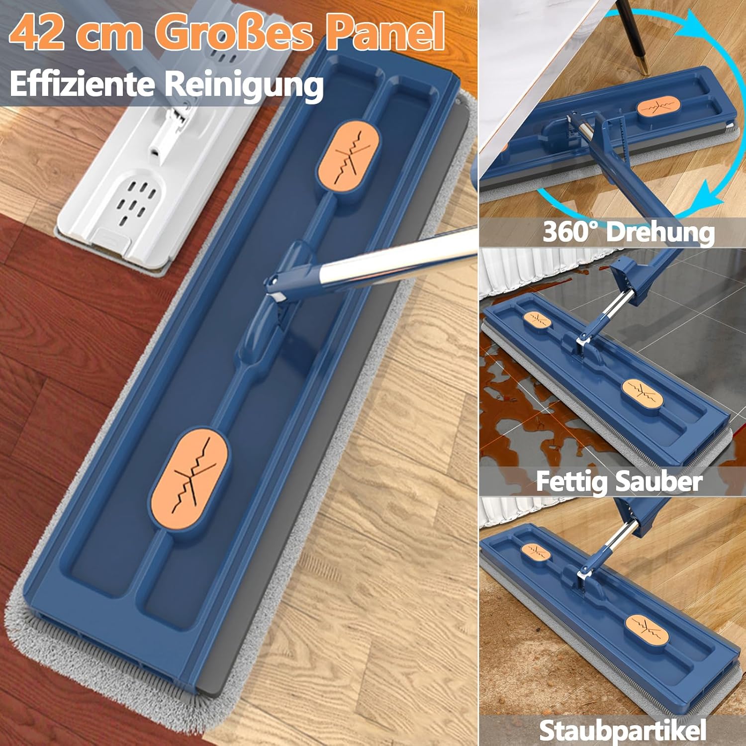 Large Flat Mop with 360° Rotatable Wringing Function, Microfiber Pads for Hardwood Blue + 2 rags - Image 5