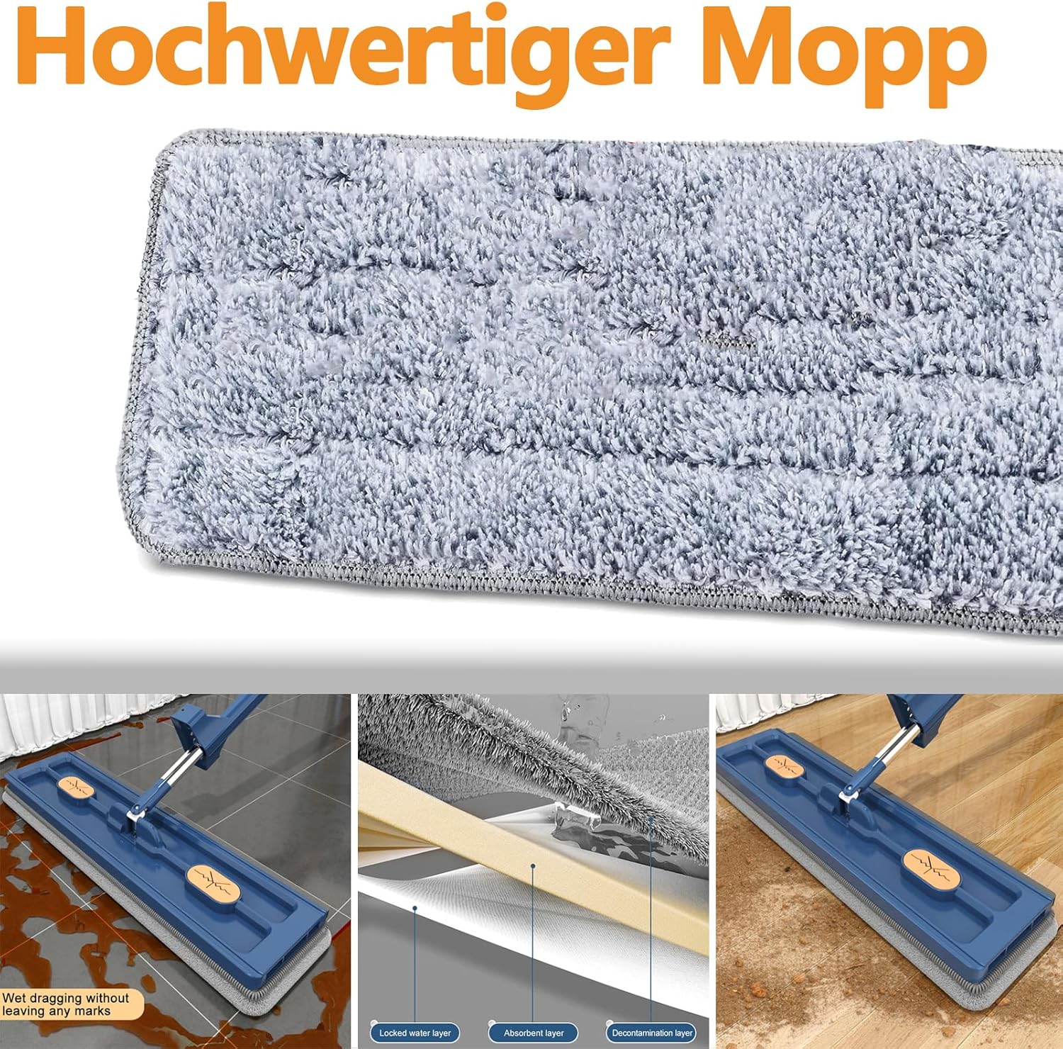 Large Flat Mop with 360° Rotatable Wringing Function, Microfiber Pads for Hardwood Blue + 2 rags - Image 6