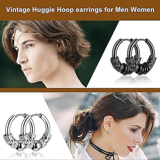14mm Men's Titanium Steel Hoop Earrings Set - Black & Silver, Punk Rock Style - Image 4