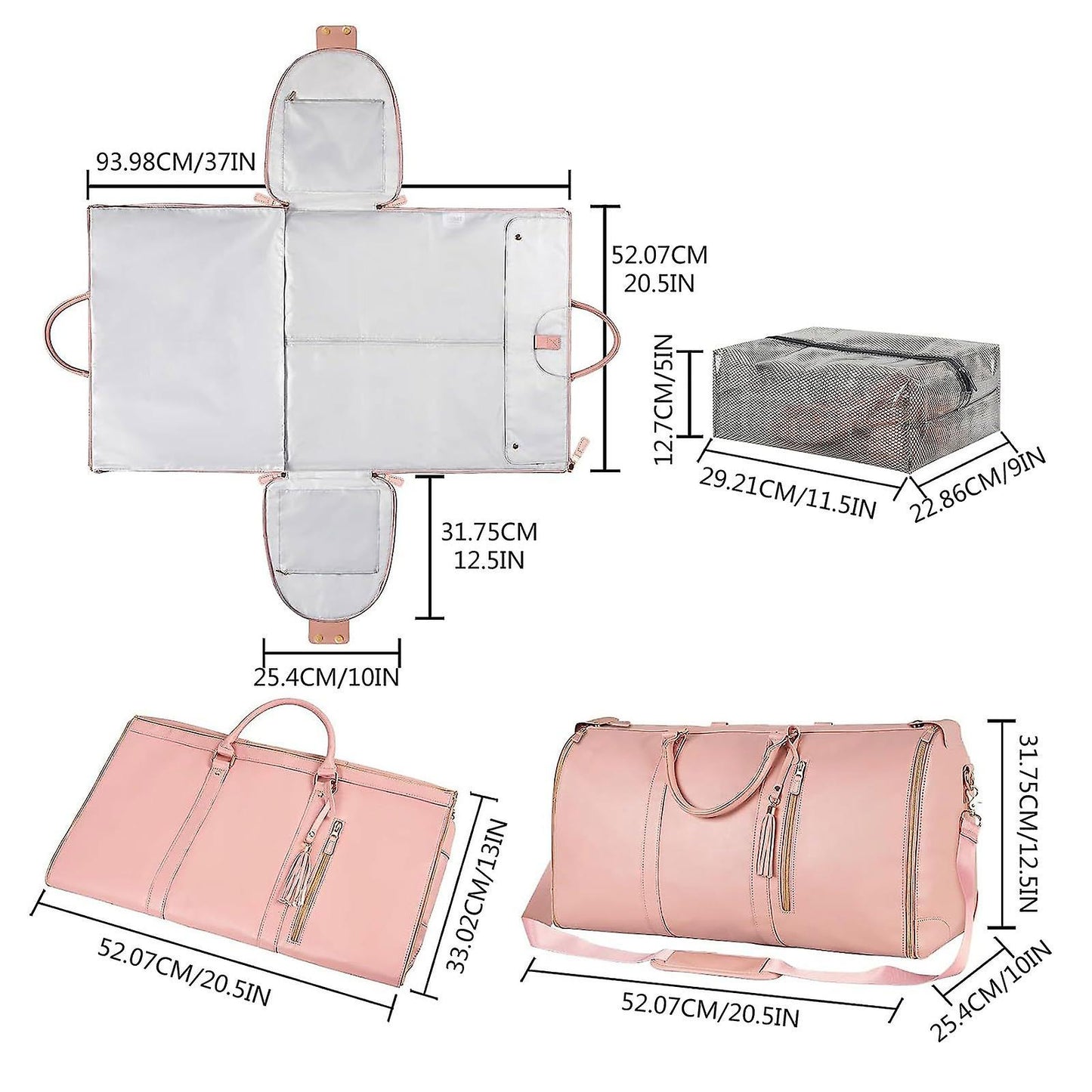 2-in-1 Foldable PU Leather Travel Bag, Convertible Suitcase, Travel Garment Bag for Women White - Image 3
