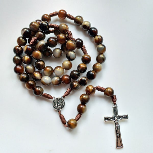 Crucifix Rosary Beads Necklace Medal Chain Pendant Necklace Brown Acrylic Beads Long Chain Pray Jewelry Gift - Image 2