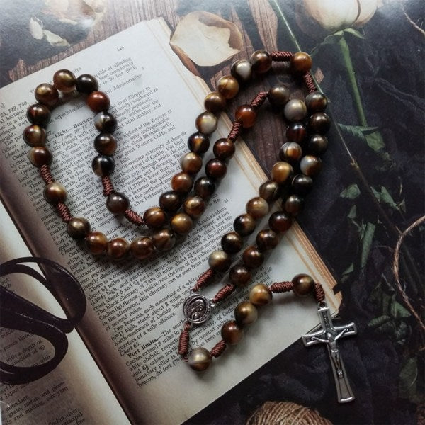 Crucifix Rosary Beads Necklace Medal Chain Pendant Necklace Brown Acrylic Beads Long Chain Pray Jewelry Gift - Image 3