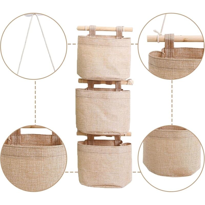Hanging Storage Bag with Pockets 3 Layers Cotton Linen Canvas Hanging Storage Bag on Wall Door Organizer for Bedroom Bathroom - Image 2