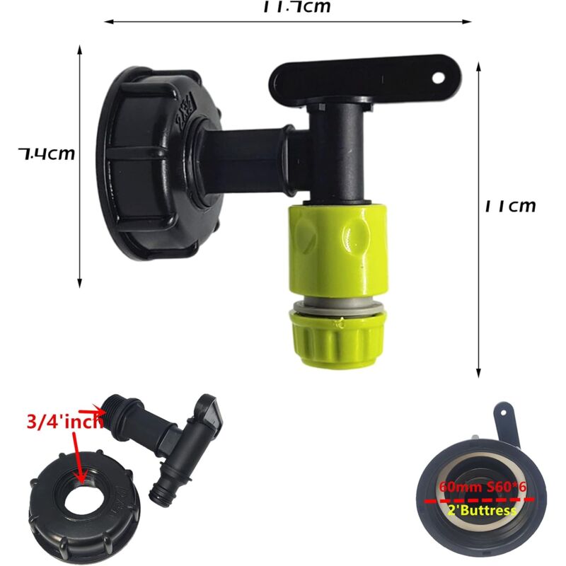 1000L Plastic Tank Faucet with Garden Hose Connector, IBC Tank Faucet Adapter, 3/4 Inch Thread Connection for Rainwater Collector, Fuel Tank - Image 2