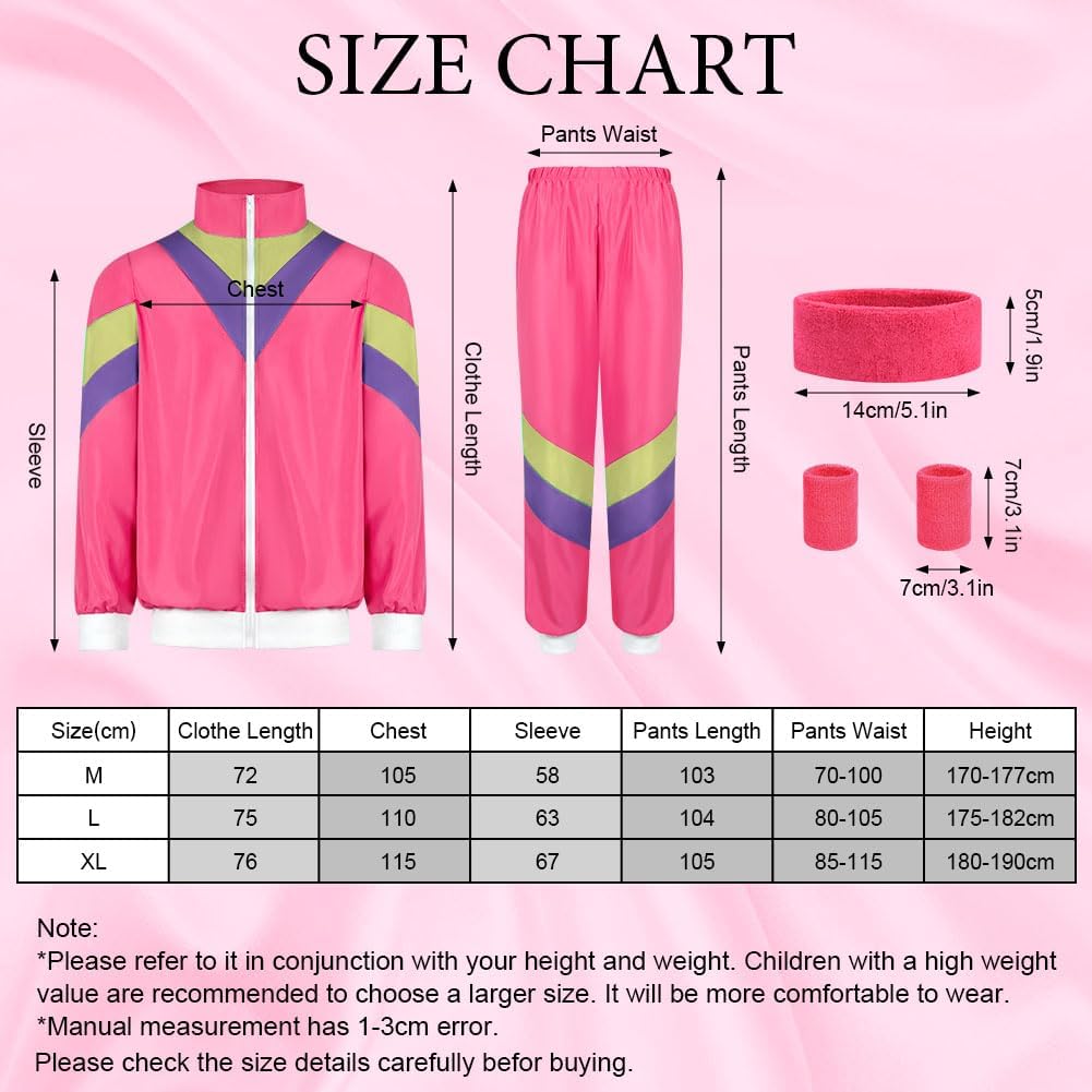 80s Fashion Height Shell Jacket Costume, 80s Fancy Dress Men Women with Headband Bracelet, 1980s Disco Fancy Dress red-XL - Image 2