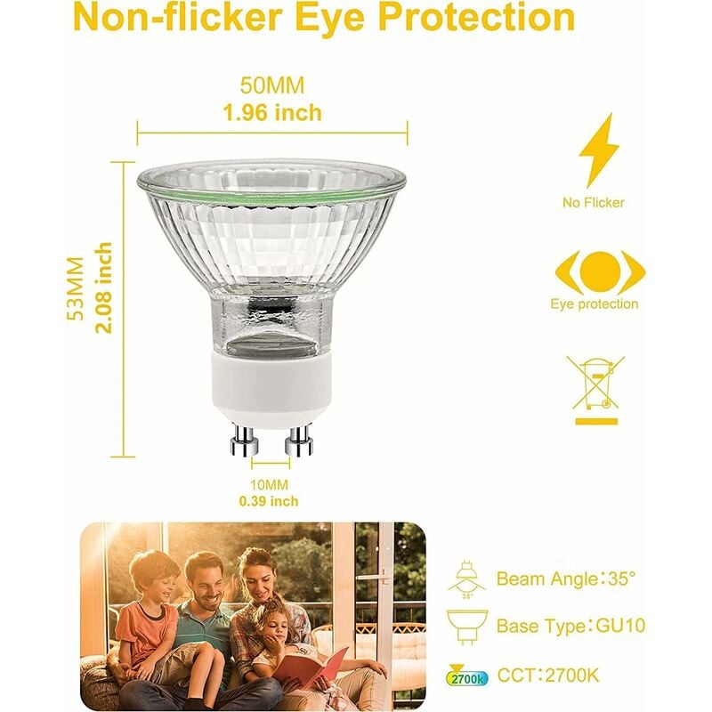 GU10 50W Incandescent Bulbs, GU10 Halogen Bulbs, AC 220V 50W Spot Light, GU10 Halogen 2-Pin Halogen Bulbs 35° Beam Angle 2700K, 6-pack - Image 3