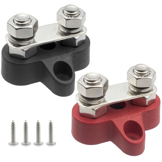Busbar Terminal Block Battery Power Ground Terminal Block M8 Dual Pins 5/16\" Heavy Duty Terminals for Boat, RV and Solar Trucks - Black & Red