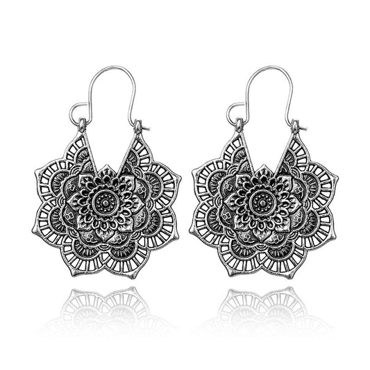 Vintage Silver Mandala Flower Dangle Earrings, Hanging Design