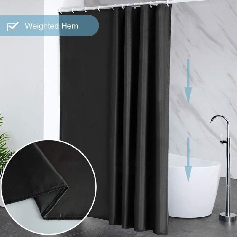 Black Shower Curtain Anti-Mildew, Washable Polyester Fabric, Waterproof Bathroom Curtain with Hooks - 100x180cm (WxH) - Image 3