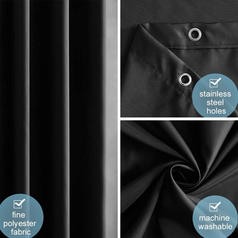Black Shower Curtain Anti-Mildew, Washable Polyester Fabric, Waterproof Bathroom Curtain with Hooks - 100x180cm (WxH) - Image 4