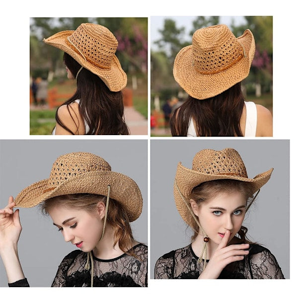Straw Cowboy Hat Wide Brim Sun Hat Cowgirl Summer Panama - Image 2