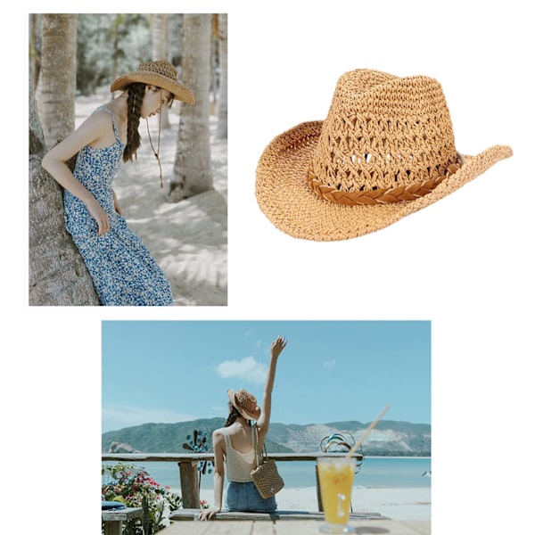 Straw Cowboy Hat Wide Brim Sun Hat Cowgirl Summer Panama - Image 3
