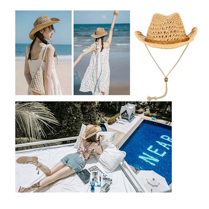 Straw Cowboy Hat Wide Brim Sun Hat Cowgirl Summer Panama - Image 5