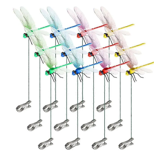 12pcs Artificial Dragonfly Clips for Outdoor Use 3D Dragonfly Decor Gardening, 3D Dragonfly Garden Decorative Clips [DB] As Shown