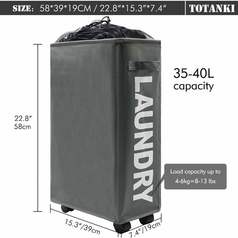 22\" Narrow Rolling Laundry Hamper with Handle and Wheels, Collapsible Laundry Hamper, Foldable Laundry Sorter and Organizer, Large Storage Basket (Gray) - Image 2