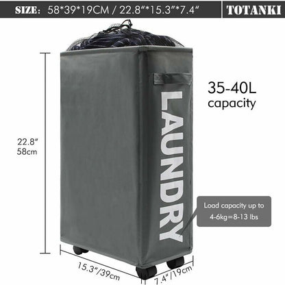 22\" Narrow Rolling Laundry Hamper with Handle and Wheels, Collapsible Laundry Hamper, Foldable Laundry Sorter and Organizer, Large Storage Basket (Gray) - Image 2