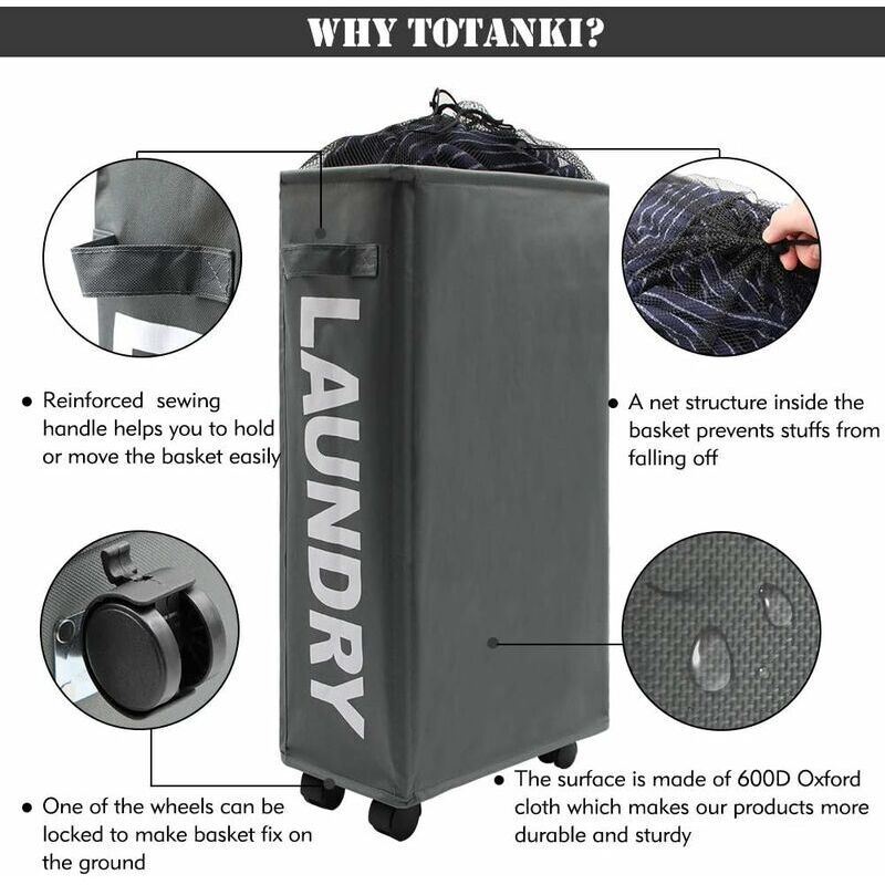 22\" Narrow Rolling Laundry Hamper with Handle and Wheels, Collapsible Laundry Hamper, Foldable Laundry Sorter and Organizer, Large Storage Basket (Gray) - Image 3