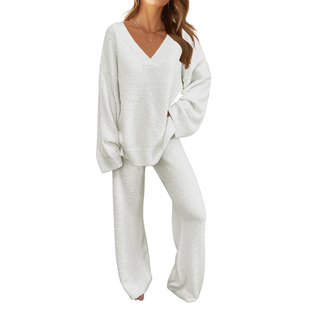 Women's 2-Piece Clothing Set, Fuzzy Fleece Pajama Set Long Sleeve, White XL