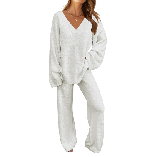 Women's 2-Piece Clothing Set, Fuzzy Fleece Pajama Set Long Sleeve, White XL