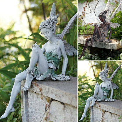 Resin Sitting Fairy Statue Garden Ornament Porch Sculpture White - Image 2
