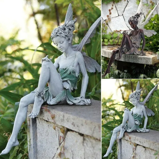Resin Sitting Fairy Statue Garden Ornament Porch Sculpture White - Image 2