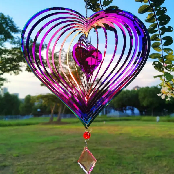 Metal wind chime, hanging garden decoration, stainless steel, heart pattern, spin with 360° rotating hook, 37x20 cm