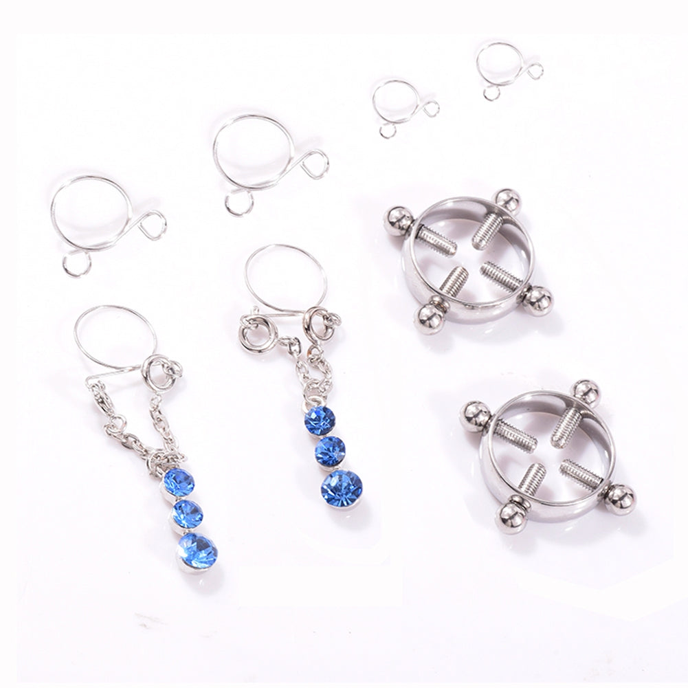Fashion Water Drop Screw Non Pierced Nipple Ring Set Nipple Ring Body Jewelry (Blue) - Image 5