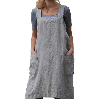 Women's Cotton and Linen Apron with Cross Back and Large Pocket, Gray, M