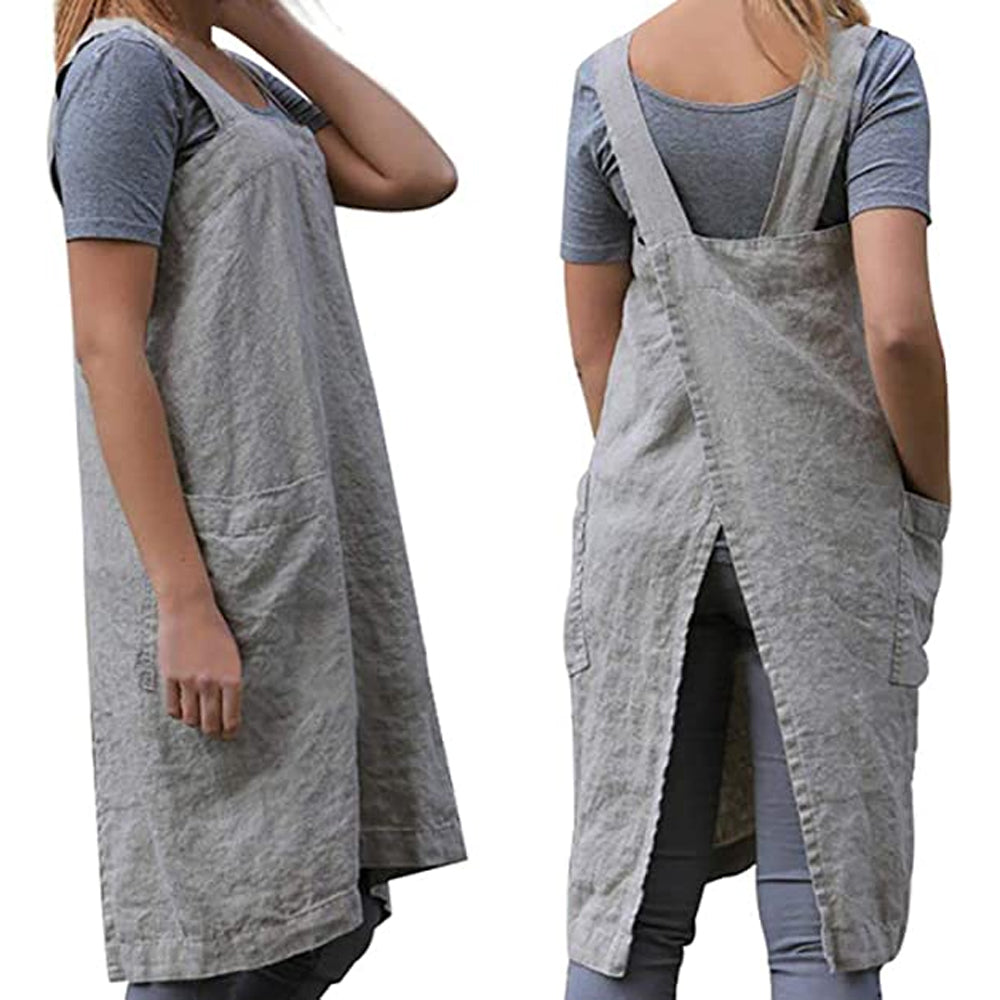 Women's Cotton and Linen Apron with Cross Back and Large Pocket, Gray, M - Image 4