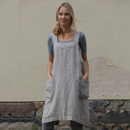 Women's Cotton and Linen Apron with Cross Back and Large Pocket, Gray, M - Image 5