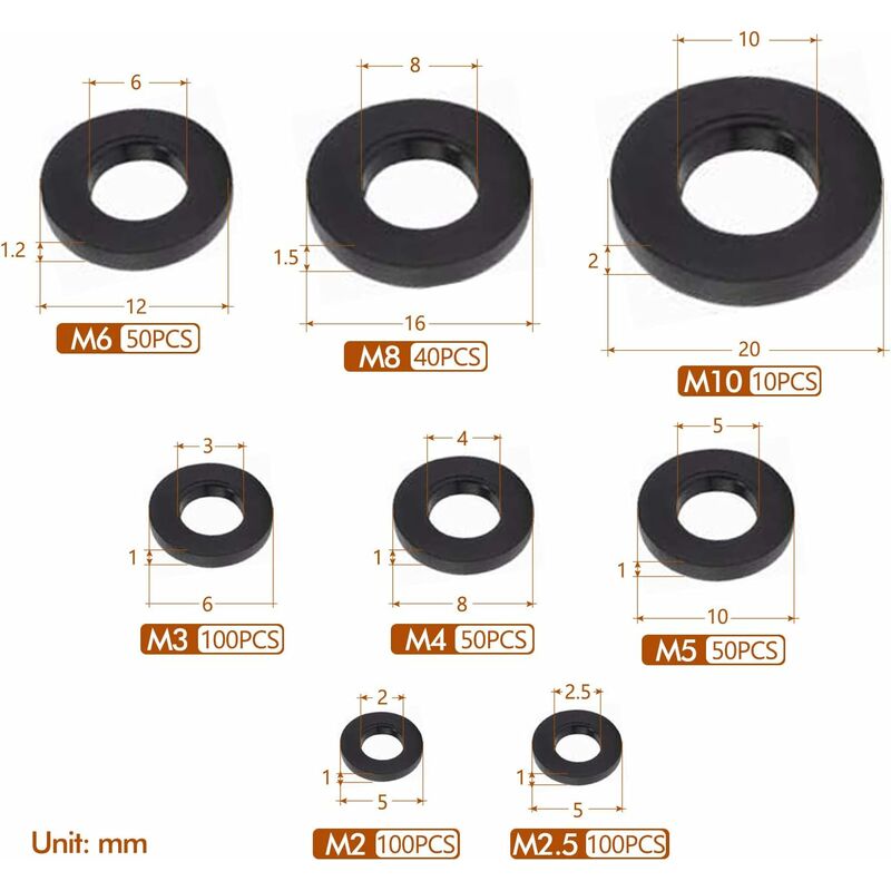 500pcs Black Plastic Washers Lock Washers Fasteners, Self-Locking Washer Assortment Mechanical Washer M2.5 M3 M4 M5 M6 M8 M10 - Image 2