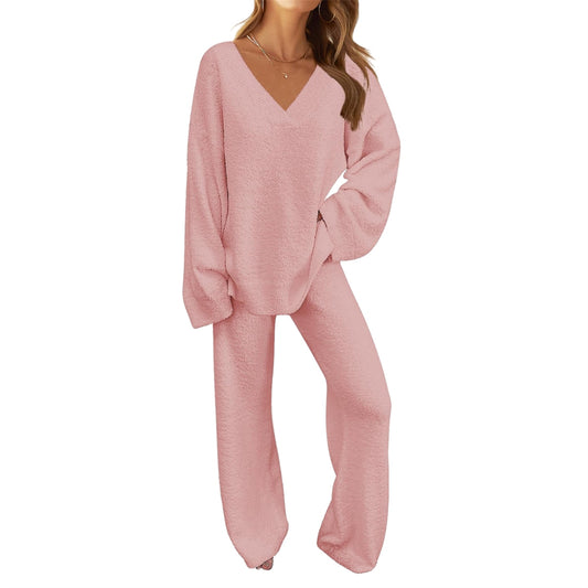 Women's 2-Piece Set Fuzzy Fleece Pajamas Set Long Sleeve Loungewear Pink Pink 2XL