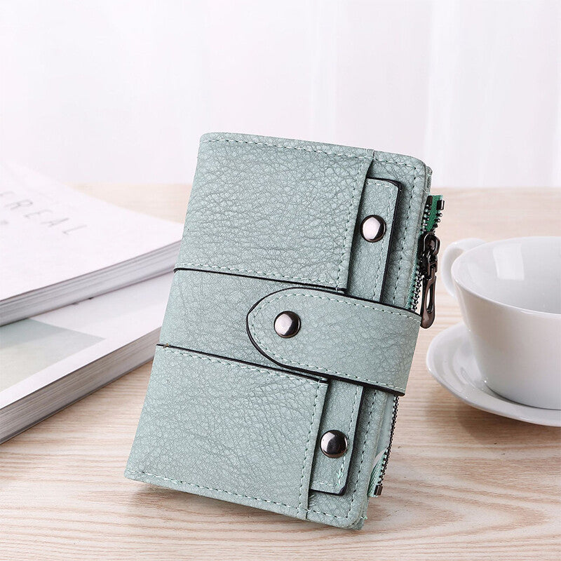 The New Trendy Foldable Small Wallet Women Leather Card Holder Wallet Light Green - Image 7