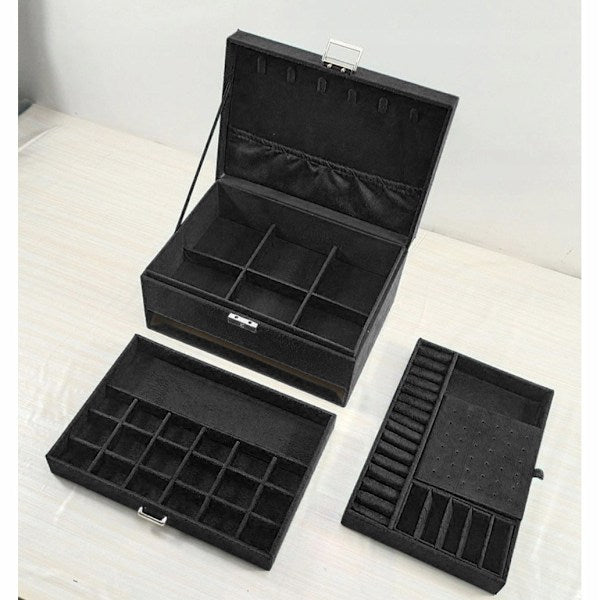 Black Jewelry Box with Key Lock and Multiple Compartments Black—yux - Image 3