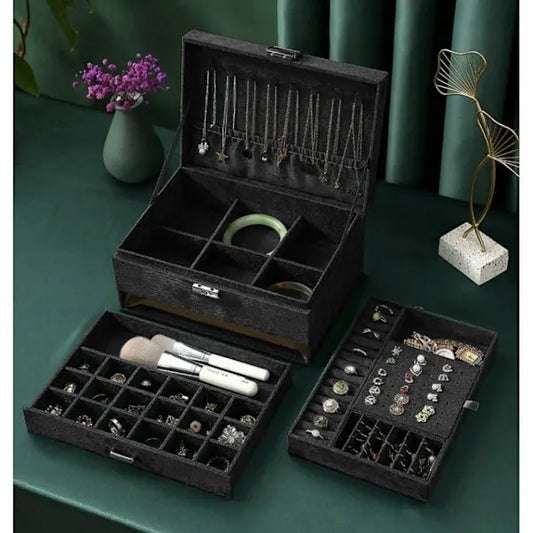 Black Jewelry Box with Key Lock and Multiple Compartments Black—yux - Image 8