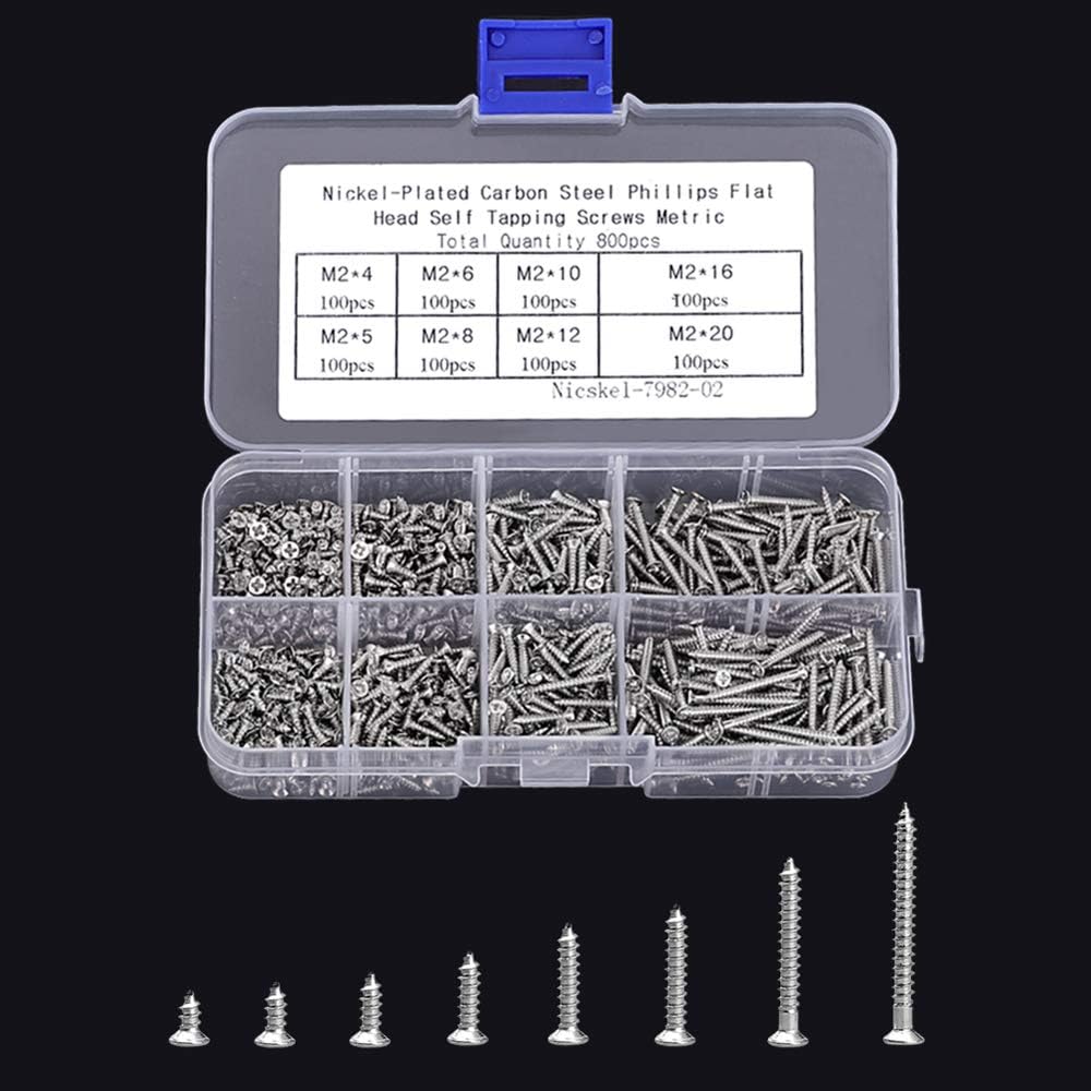 800pcs Small M2 Self Tapping Screws Assortment Box, Countersunk Phillips Flat Head Wood Screws (M2-4mm 5mm 6mm 8mm 10mm 12mm 16mm 20mm) - Image 2