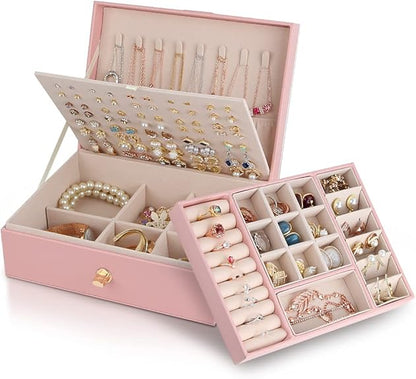 Jewelry Box for Storing Necklaces, Earrings, Bracelets and Rings, Large PU Leather with 3 Layers Stackable Jewelry Box, Pink Pink-tfrf Pink