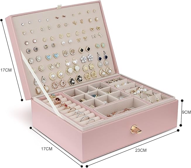 Jewelry Box for Storing Necklaces, Earrings, Bracelets and Rings, Large PU Leather with 3 Layers Stackable Jewelry Box, Pink Pink-tfrf Pink - Image 4