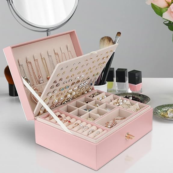 Jewelry Box for Storing Necklaces, Earrings, Bracelets and Rings, Large PU Leather with 3 Layers Stackable Jewelry Box, Pink Pink-tfrf Pink - Image 5