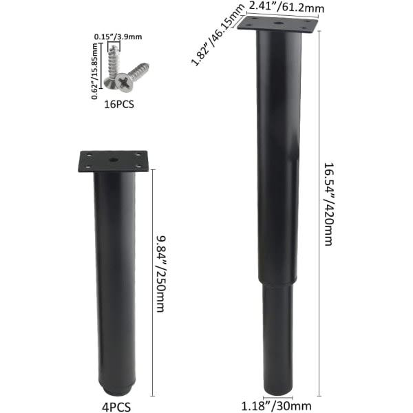 (25-42 cm, black) Set of 4 sturdy adjustable metal furniture legs - Image 4