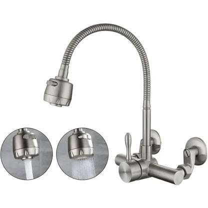 Wall Mounted Kitchen Faucet, Food Grade 304 Stainless Steel Material, 360° Rotatable Wall Mounted Kitchen Faucet 12CM-18CM Mounting Hole